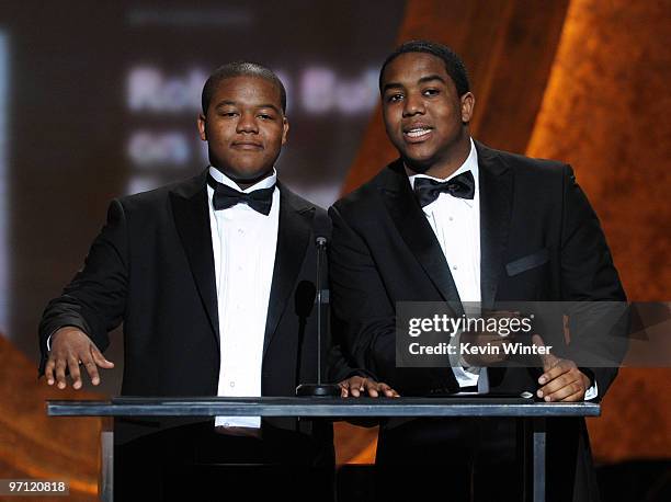 Actors Kyle Massey and Christopher Massey present onstage during the 41st NAACP Image awards pre-tel show held at The Shrine Auditorium on February...