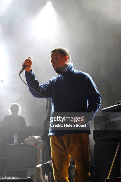 Alexis Taylor of Hot Chip performs on stage at Brixton Academy on February 26, 2010 in London, England.