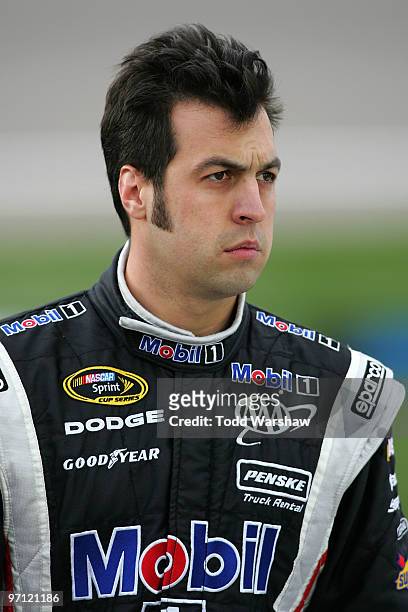 Sam Hornish Jr., driver of the Mobil 1 Dodge, watches during qualifying for the NASCAR Sprint Cup Series Shelby American at Las Vegas Motor Speedway...