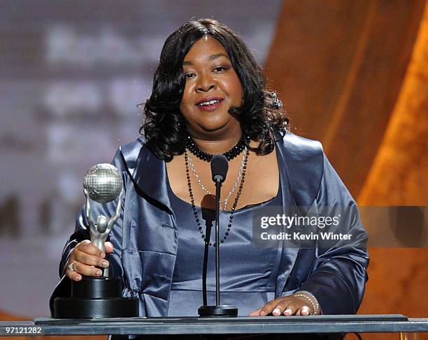 Writer Shonda Rhimes, winner Outstanding Writing in a Dramatic Series for "Grey's Anatomy," onstage during the 41st NAACP Image awards pre-tel show...