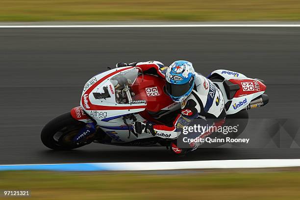 Carlos Checa of Spain and the Althea Racing Team rounds the bend during qualifying practise for round one of the Superbike World Championship at...