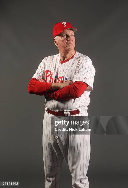 Manager, Charlie Manuel of the Philadelphia Phillies poses for a photo during Spring Training Media Photo Day at Bright House Networks Field on...