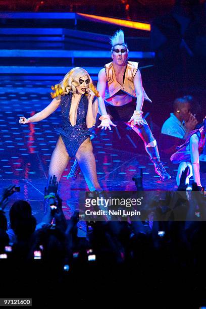 Lady Gaga performs during her Monster Ball tour at the O2 Arena on February 26, 2010 in London, England.