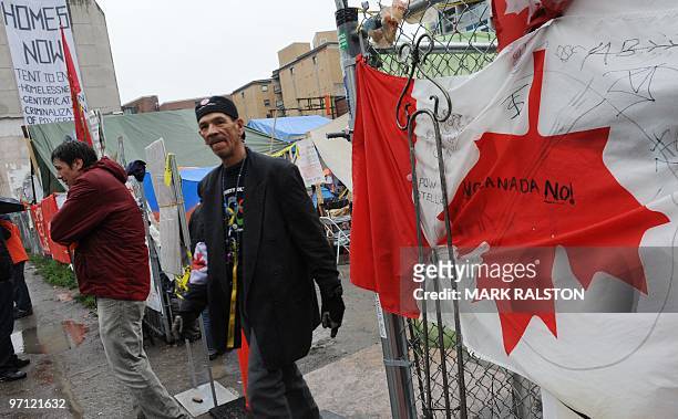 Residents leave the Olympic tent city which is a center for anti-Olympic protesters and aims to highlight the problems of homelessness in Vancouver...