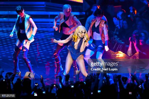 Lady Gaga performs during her Monster Ball tour at the O2 Arena on February 26, 2010 in London, England.