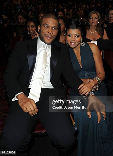 Director Tyler Perry and actress Taraji P. Henson in the audience during the 41st NAACP Image awards held at The Shrine Auditorium on February 26,...