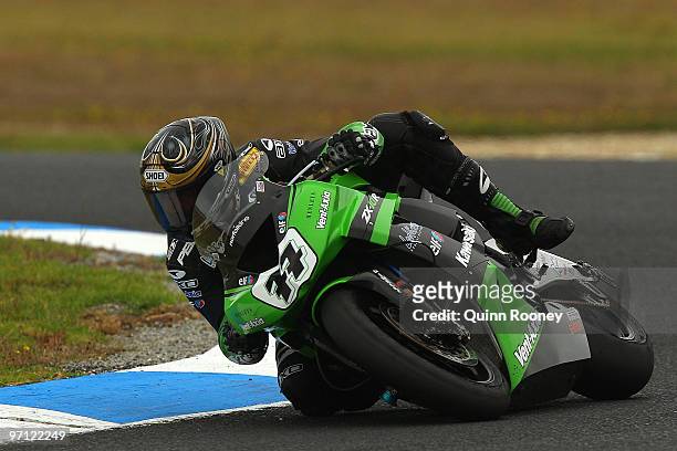 Chris Vermeulen of Australia and the Kawasaki Racing Team rounds the bend during qualifying practise for round one of the Superbike World...