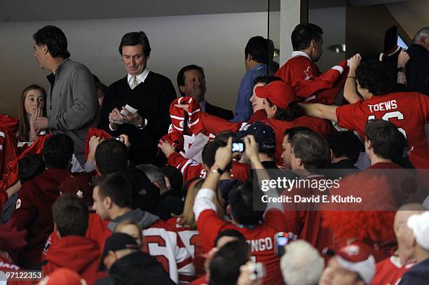 Winter Olympics: View of Canada men's national ice hockey team special advisor Wayne Gretzky during game vs Russia during Men's Playoffs...