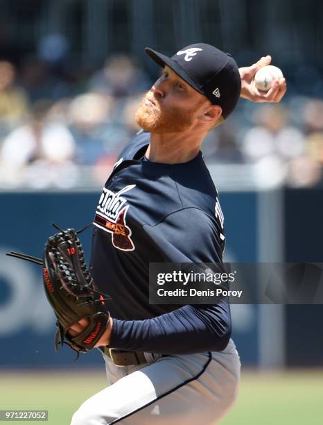 Mike Foltynewicz of the Atlanta Braves pitches during the first inning of a baseball game against the San Diego Padres at PETCO Park on June 6, 2018...