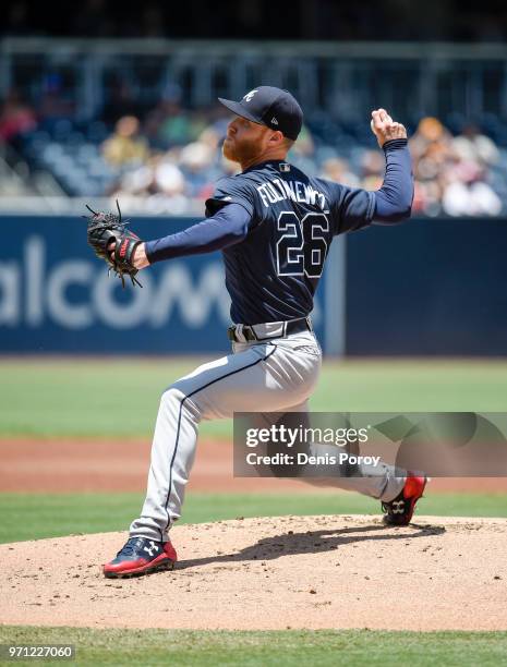 Mike Foltynewicz of the Atlanta Braves pitches during the first inning of a baseball game against the San Diego Padres at PETCO Park on June 6, 2018...