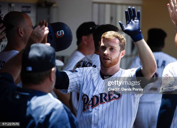 Cory Spangenberg of the San Diego Padres looks on during a baseball game against the Atlanta Braves at PETCO Park on June 6, 2018 in San Diego,...