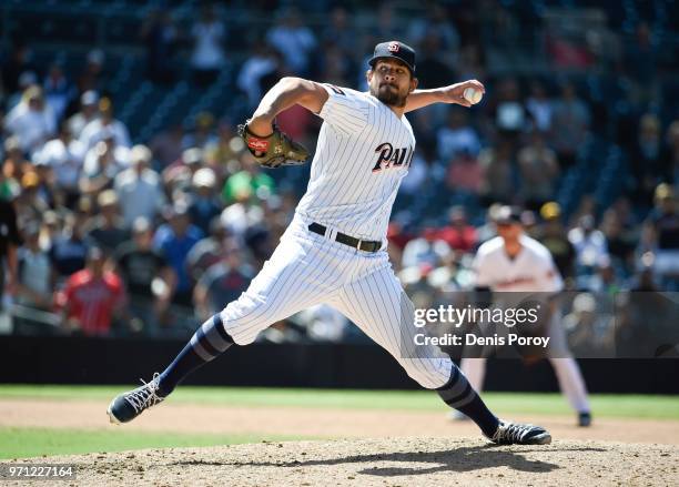 Brad Hand of the San Diego Padres pitches during a baseball game against the Atlanta Braves at PETCO Park on June 6, 2018 in San Diego, California.