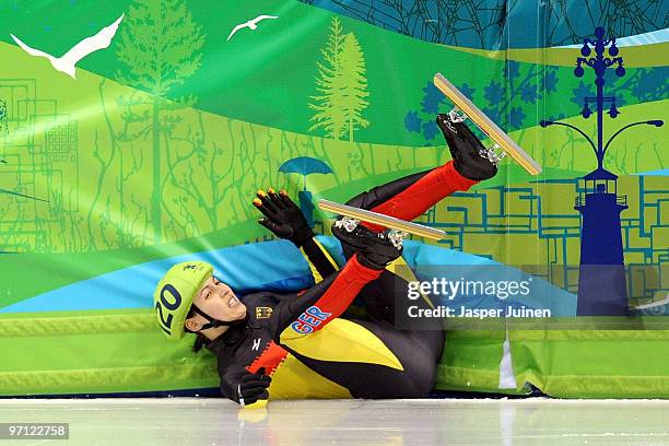 Aika Klein of Germany crashes out of the Ladies' 1000m Short Track Speed Skating Quarter-Finals on day 15 of the 2010 Vancouver Winter Olympics at...