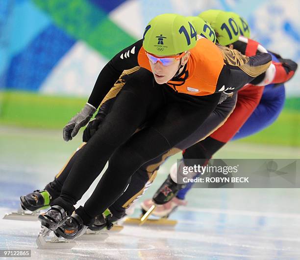 Netherlands's Annita van Doorn competes in the Ladies' 1000 m short-track quaterfinals at the Pacific Coliseum in Vancouver, during the 2010 Winter...