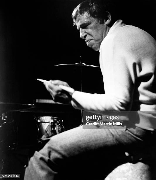 American jazz drummer and bandleader Buddy Rich plays the drums during a concert circa 1970's.