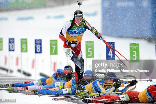 Dominik Landertinger of Austria during the MenÕs Biathlon 4x7.5km Relay on Day 15 of the 2010 Vancouver Winter Olympic Games on February 26, 2010 in...