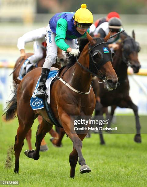 Jockey Danny Nikolic riding Not a Pretender wins the Inglis Premier during the Futurity Stakes Day meeting at Caulfield Racecourse on February 27,...