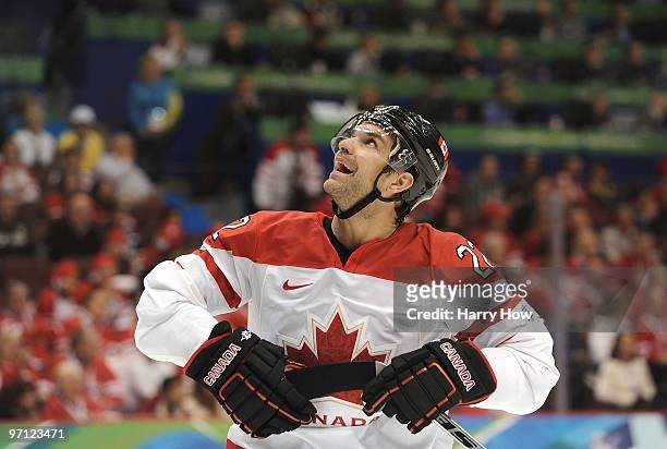 Dan Boyle of Canada celebrates a goal during the ice hockey men's semifinal game between the Canada and Slovakia on day 15 of the Vancouver 2010...