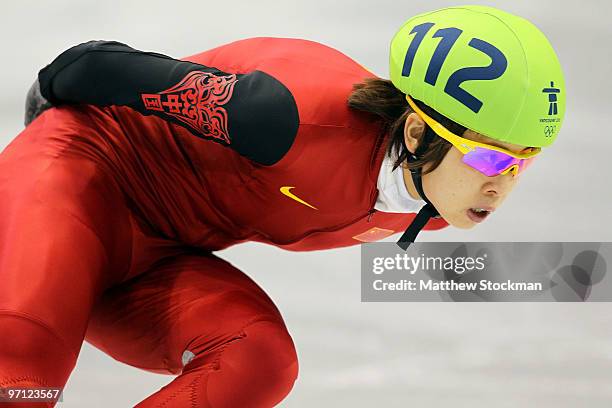 Wang Meng of China competes in the Ladies' 1000m Short Track Speed Skating Quarter-Finals on day 15 of the 2010 Vancouver Winter Olympics at Pacific...