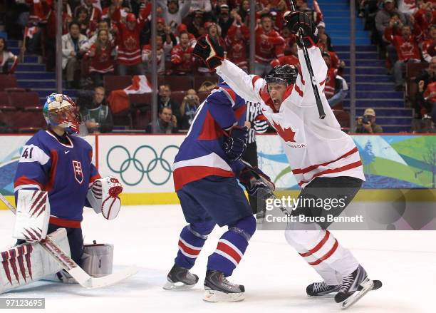 Brenden Morrow of Canada celebrates after he scored during the ice hockey men's semifinal game between the Canada and Slovakia on day 15 of the...