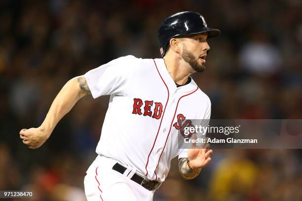 Blake Swihart of the Boston Red Sox runs to first base during a game against the Detroit Tigers at Fenway Park on June 07, 2018 in Boston,...