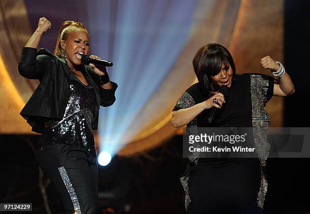Singers Erica Campbell and Tina Campbell of Mary Mary perform onstage during the 41st NAACP Image awards held at The Shrine Auditorium on February...