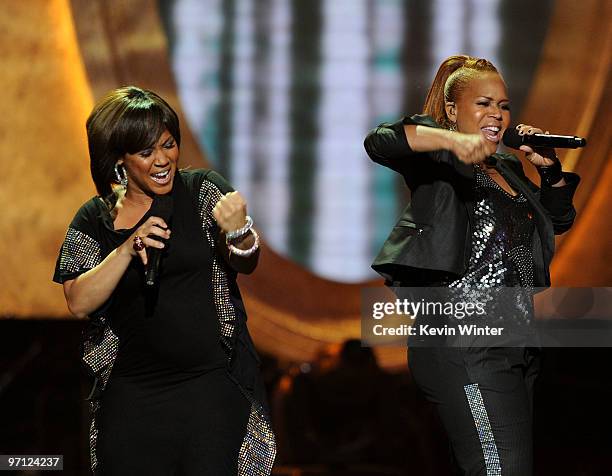 Singers Tina Campbell and Erica Campbell of Mary Mary perform onstage during the 41st NAACP Image awards held at The Shrine Auditorium on February...