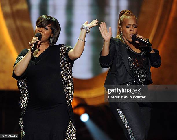 Singers Erica Campbell and Tina Campbell of Mary Mary perform onstage during the 41st NAACP Image awards held at The Shrine Auditorium on February...