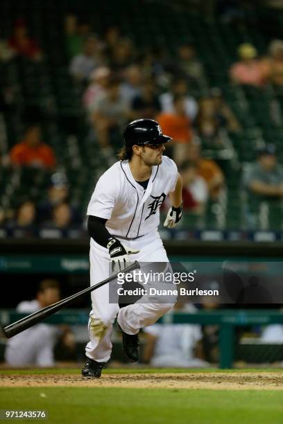 Pete Kozma of the Detroit Tigers bats against the Los Angeles Angels at Comerica Park on May 29, 2018 in Detroit, Michigan.