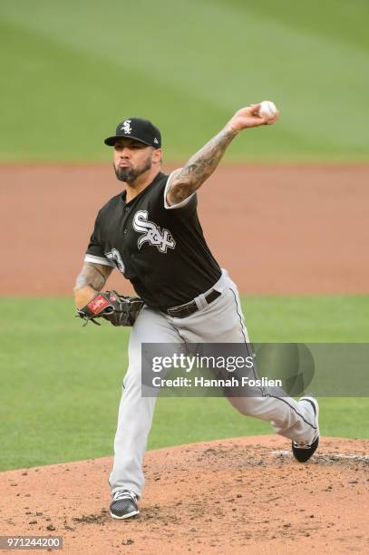 Hector Santiago of the Chicago White Sox delivers a pitch against the Minnesota Twins during the game on June 6, 2018 at Target Field in Minneapolis,...