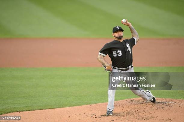 Hector Santiago of the Chicago White Sox delivers a pitch against the Minnesota Twins during the game on June 6, 2018 at Target Field in Minneapolis,...