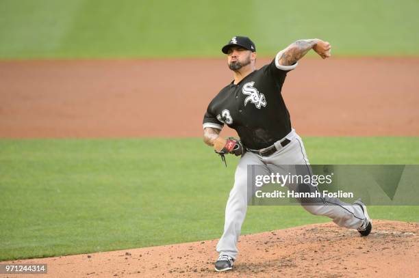 Hector Santiago of the Chicago White Sox delivers a pitch against the Minnesota Twins during the game on June 6, 2018 at Target Field in Minneapolis,...