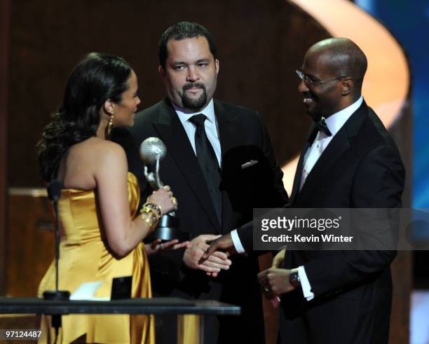 Actress Paula Patton and Benjamin Todd Jealous present the President's Award to Van Jones onstage during the 41st NAACP Image awards held at The...