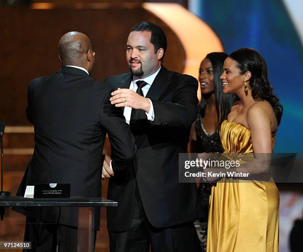 Actress Paula Patton and Benjamin Todd Jealous present the President's Award to Van Jones onstage during the 41st NAACP Image awards held at The...