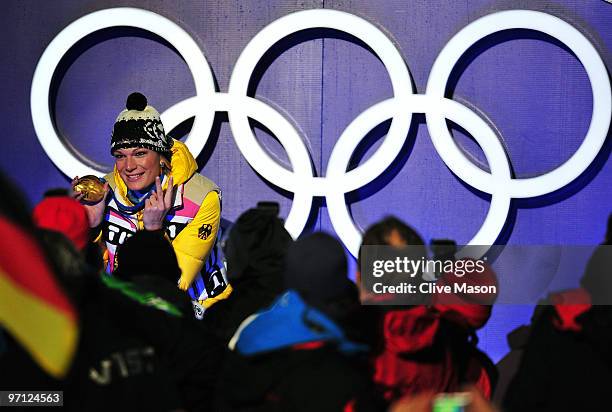 Maria Riesch of Germany celebrates winning the gold medal during the medal ceremony for the ladies alpine skiing slalom on day 15 of the Vancouver...