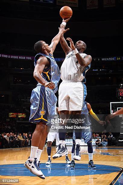 Andray Blatche of the Washington Wizards puts up a shot against Darrell Arthur of the Memphis Grizzlies during the game on February 24, 2010 at the...