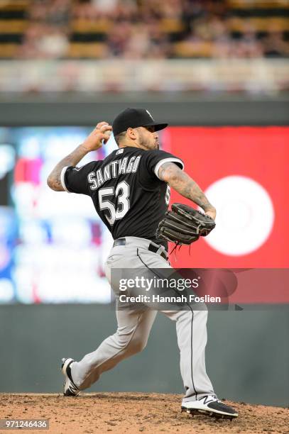 Hector Santiago of the Chicago White Sox delivers a pitch against the Minnesota Twins during the game on June 6, 2018 at Target Field in Minneapolis,...