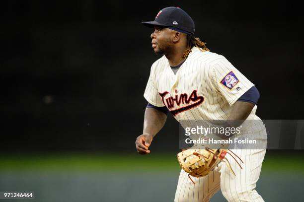 Miguel Sano of the Minnesota Twins plays first base against the Chicago White Sox during the game on June 6, 2018 at Target Field in Minneapolis,...