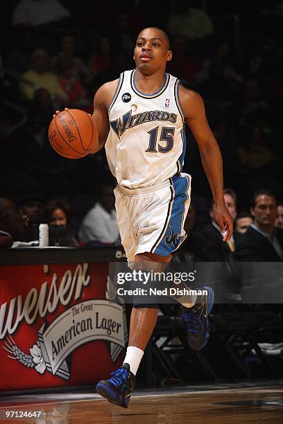 Randy Foye of the Washington Wizards brings the ball upcourt against the Memphis Grizzlies during the game on February 24, 2010 at the Verizon Center...