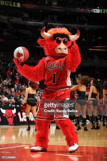 Benny the Bull, mascot of the Chicago Bulls, performs during the game against the Indiana Pacers on February 24, 2010 at the United Center in...
