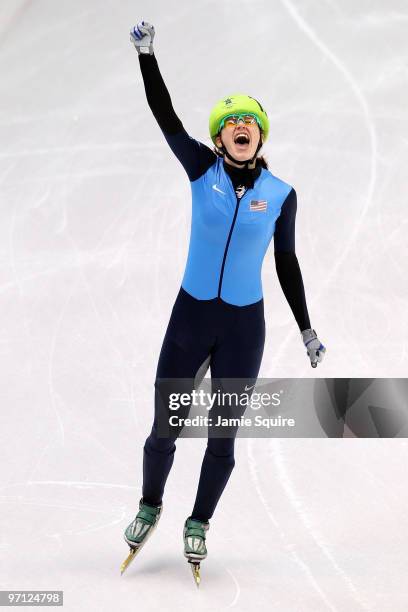 Katherine Reutter of the United States celebrates the silver medal in the Ladies 1000m Short Track Speed Skating Final on day 15 of the 2010...