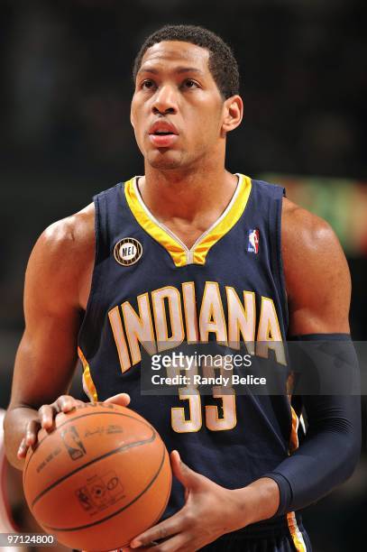 Danny Granger of the Indiana Pacers shoots a free throw against the Chicago Bulls during the game on February 24, 2010 at the United Center in...