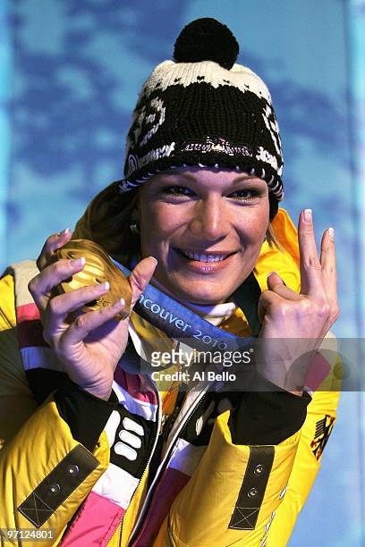 Maria Riesch of Germany celebrates winning the gold medal during the medal ceremony for the ladies alpine skiing slalom on day 15 of the Vancouver...
