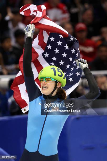 Katherine Reutter of the United States celebrates the silver medal in the Ladies 1000m Short Track Speed Skating Final on day 15 of the 2010...