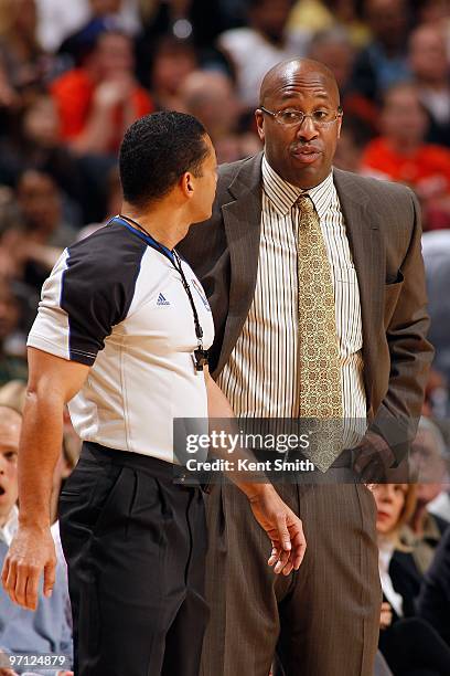 Head coach Mike Brown of the Cleveland Cavaliers talks to referee Bill Kennedy during the game against the Charlotte Bobcats on February 19, 2010 at...