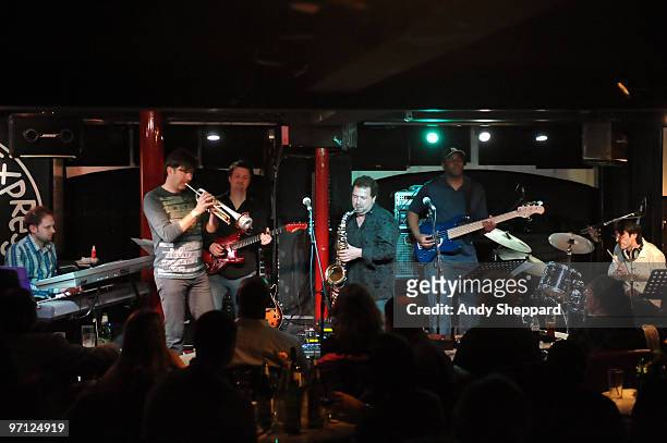Arnie Silk, Rick Braun, Mark Jaimes, Richard Elliot, Frank Felix and Mark Parnell perform on stage at Pizza Express Jazz Club, Soho on February 26,...