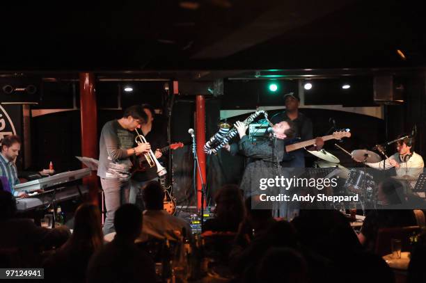 Arnie Silk, Rick Braun, Mark Jaimes, Richard Elliot, Frank Felix and Mark Parnell perform on stage at Pizza Express Jazz Club, Soho on February 26,...