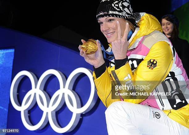 German gold medallist Maria Riesch is seen during the medal ceremony for the Women's Slalom Alpine skiing event of the Vancouver 2010 Winter Olympics...