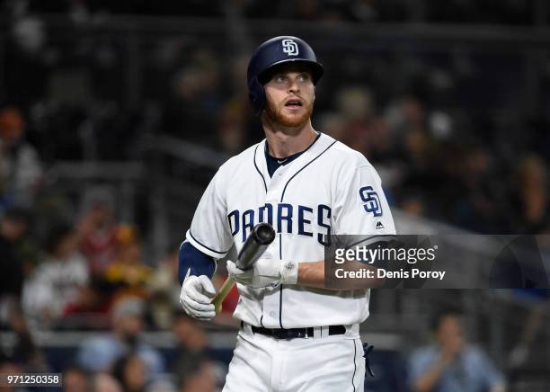 Cory Spangenberg of the San Diego Padres plays during a baseball game against the Atlanta Braves at PETCO Park on June 5, 2018 in San Diego,...