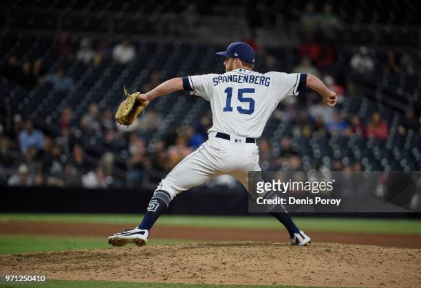 Cory Spangenberg of the San Diego Padres plays during a baseball game against the Atlanta Braves at PETCO Park on June 5, 2018 in San Diego,...